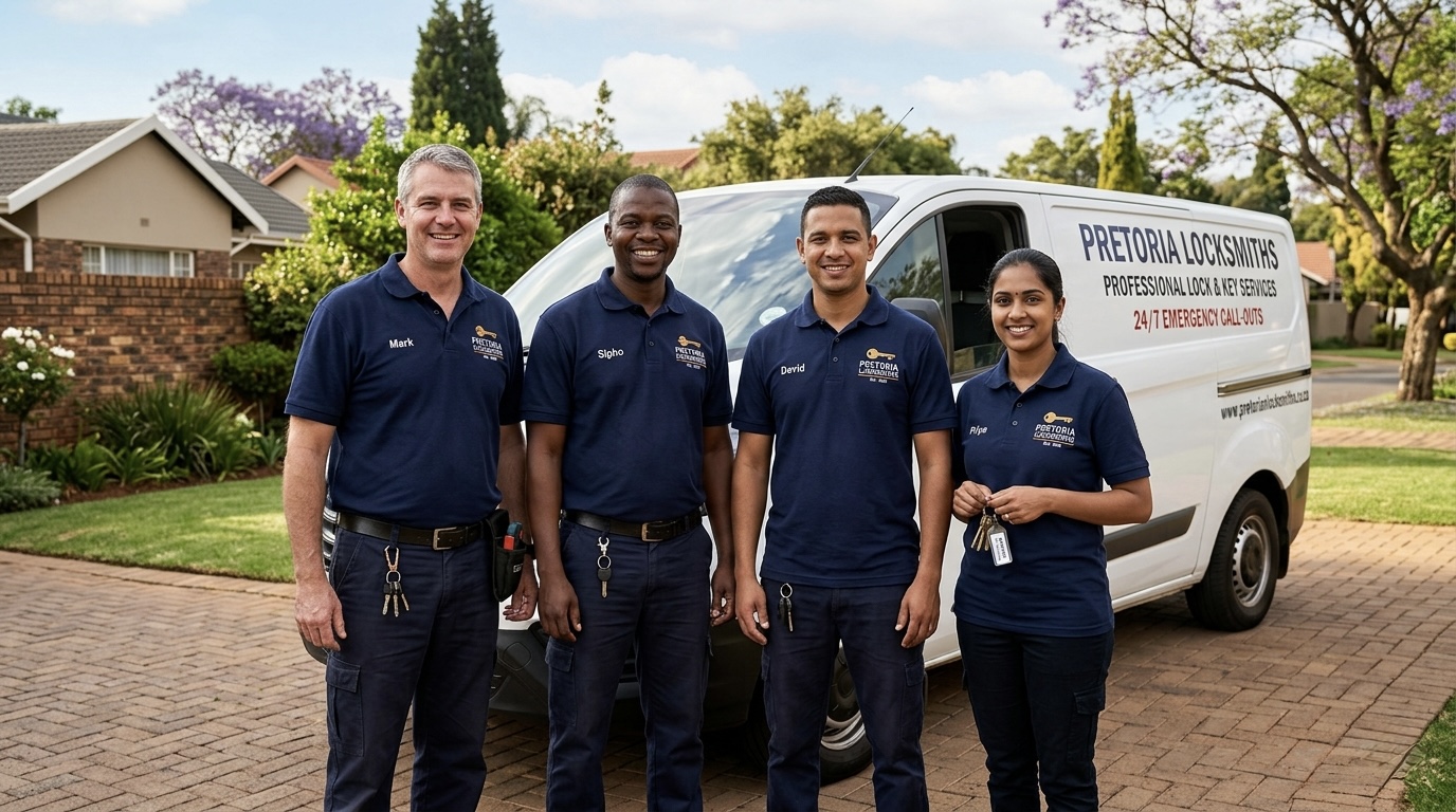 Locksmith Pretoria team standing in front of their branded service van — local certified technicians